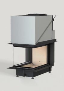 Modern eldstad med glasväggar och metallram, lämpad för inomhusbruk. Eldstadens design är stilren och funktionell, perfekt för moderna bostäder.