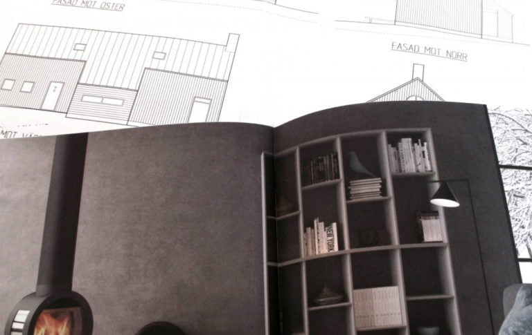 Öppen bok med arkitektoniska ritningar och interiördesign, inklusive en bokhylla och kamin. Fokuserar på modern inredning och byggnadsplanering.