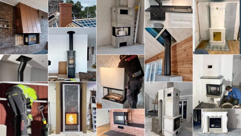 Collage av olika eldstäder och kaminer i olika miljöer, inklusive installationer och renoveringar. Bilderna visar både moderna och traditionella designstilar.