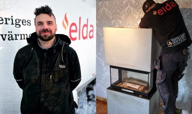 Man i Elda-jacka utomhus och en tekniker installerar en kamin inomhus. Eldabutiken-logotyp synlig på båda bilderna.