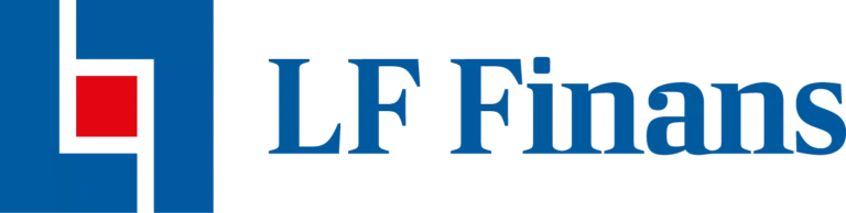 Logotyp för LF Finans med blå text och ett blått och rött grafiskt element.