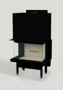 Svart eldstad med glasad front och sidor, stående på ben. Inredningen är ljus med mönstrade paneler. Eldstad för inomhusbruk.