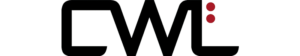 Logotyp för CWL med svarta bokstäver och två röda prickar på vit bakgrund.