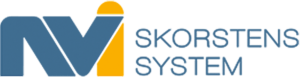Logotyp för NVI Skorstenssystem med blå och gul design. Texten "Skorstenssystem" står bredvid en abstrakt symbol som liknar ett "N" och en skorsten.