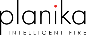 Logo för Planika Intelligent Fire med stiliserad text och en röd prick över bokstaven "i".