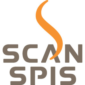 Logotyp för Scan Spis med text i grått och en orange stiliserad låga ovanför.