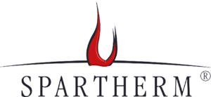 Logotyp för Spartherm med en stiliserad röd låga ovanför texten.