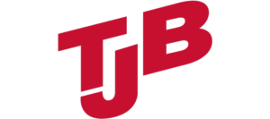 Röd TJB-logotyp med stiliserade bokstäver på vit bakgrund.