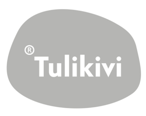 Grå logotyp för Tulikivi med vit text på en oregelbunden form.